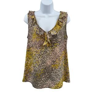 Gap Blouse Printed Ruffle V-neck WMNS S Gray/Pink/Yellow Sleeveless Geo Pattern